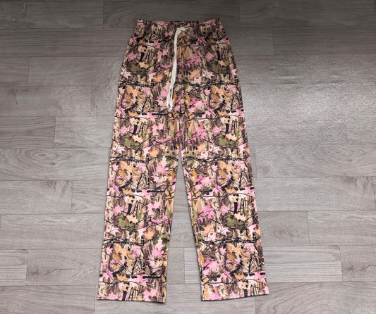 9.11 P1263 Preorder Adult Women Pink Camo Leaf Wide Leg Pants
