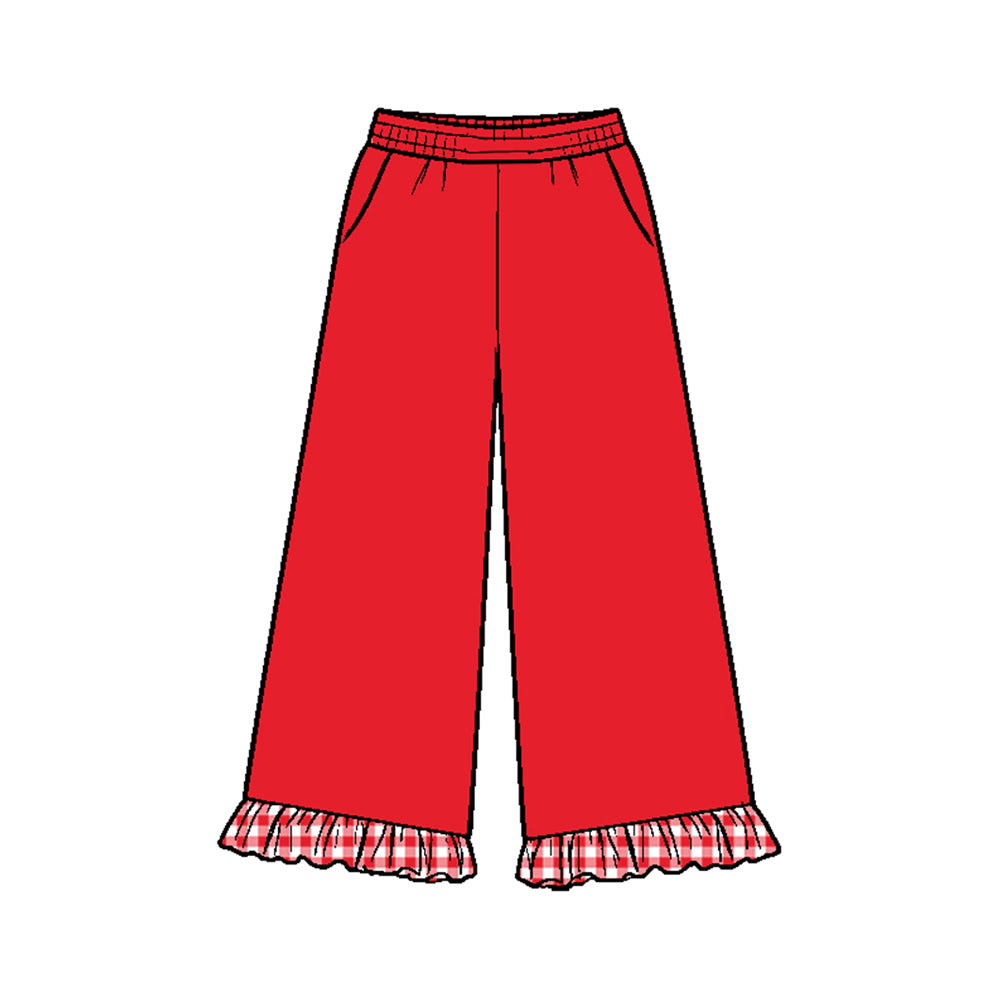 10.16 P1290 Preorder Kids Girls Red Pants with Gingham Tirm Ruffle