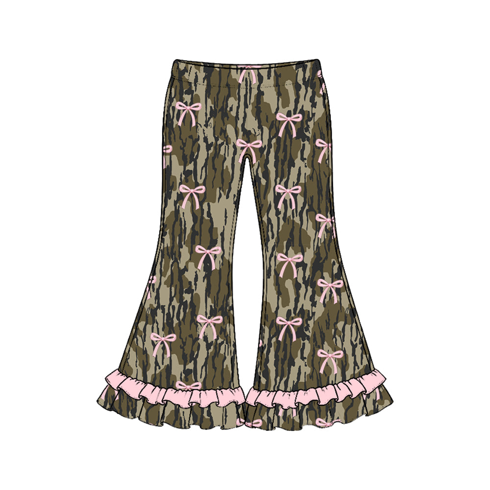 10.17 Preorder P1293 Pink Bows Camo Print Girls Bell Bottom Ruffle Pants