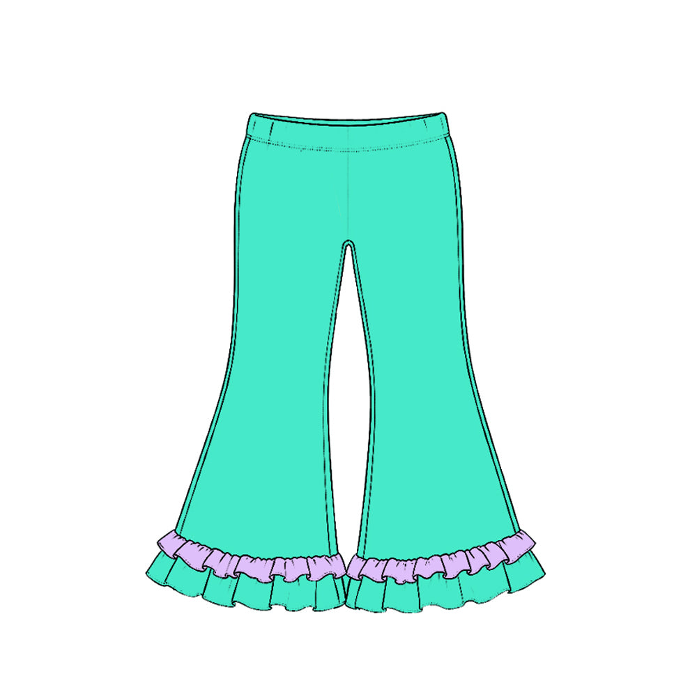 10.21 Preorder P1302 Mint Green Color Lavender Ruffle Girls Bell Bottom Pants