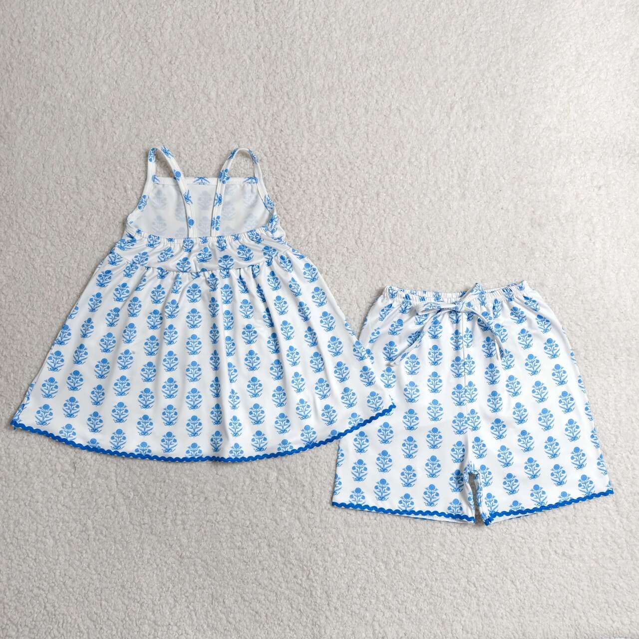 GSSO3416 Blue Floral Strap Tunic Top Shorts Girls Summer Clothes Set