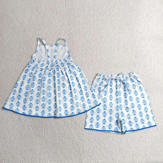 GSSO3416 Blue Floral Strap Tunic Top Shorts Girls Summer Clothes Set