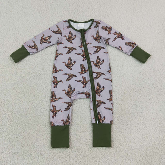 LR3233 Mallard Duck Print Baby Boys Long Sleeve Zipper Romper