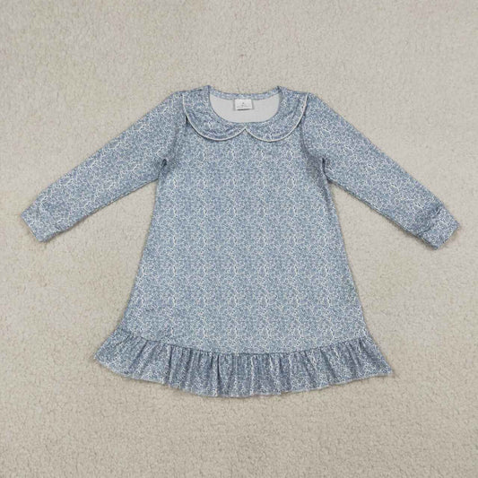 GLD1424 Baby Girls Blye Floral Long Sleeve Dress with Ruffle