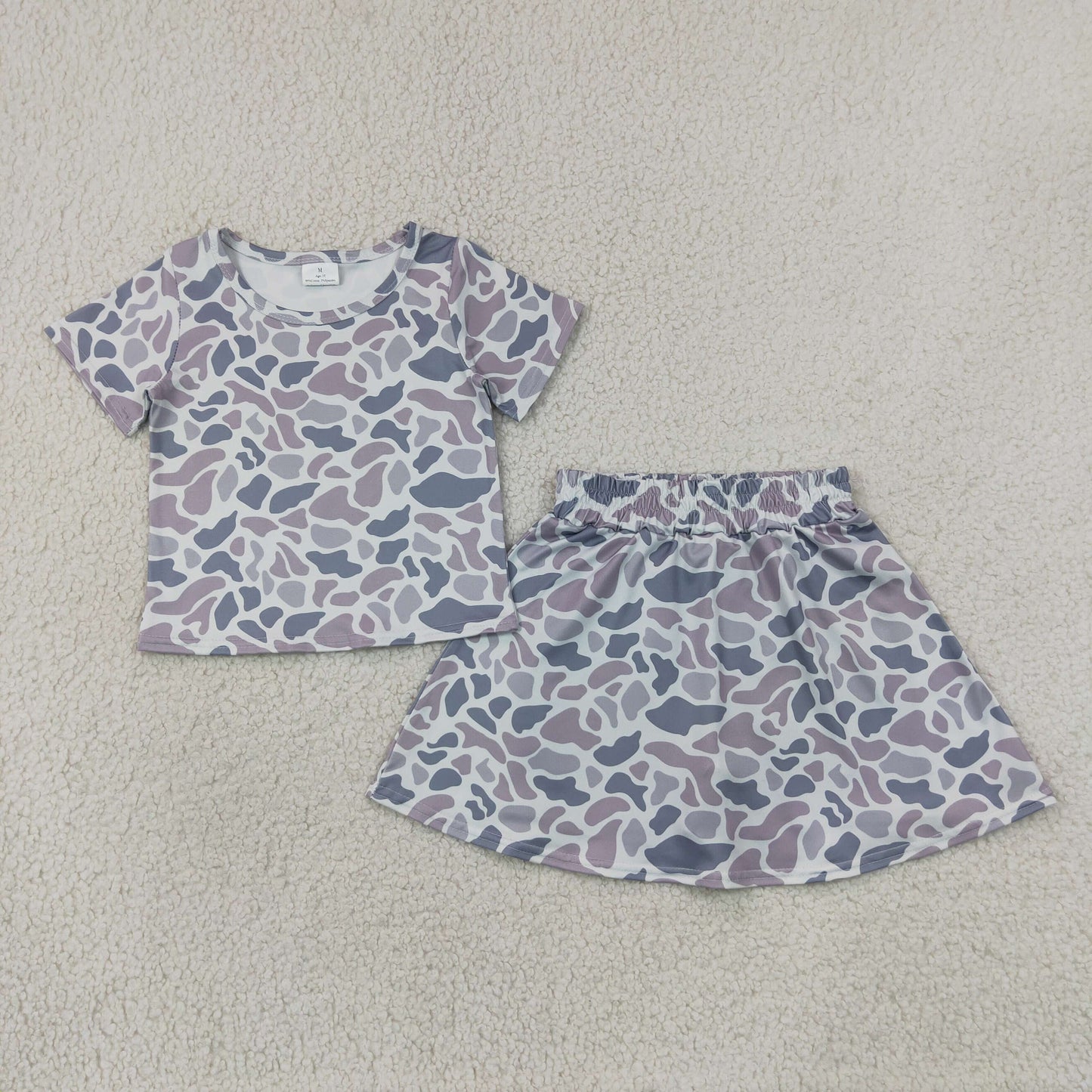 Kids Girls Light Grey Camo Short Sleeve Top with Skort Outfit