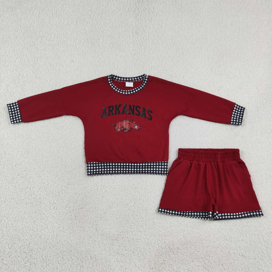 GLS0167 Teams Arkansas Vinyl Long Sleeve Top Pockets Shorts Girls Clothes Set
