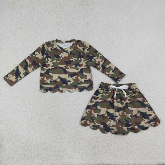 GLD1620 Brwon Green Black Camo Long Sleeve Top Skort Girls Scallop Clothes Set