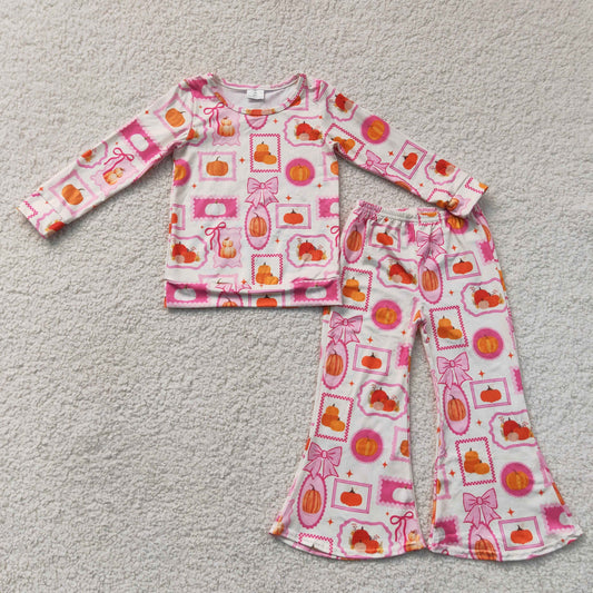 GLP3405 Pumpkin Bows Pink Print Bell Pants Girls Fall Clothes Set