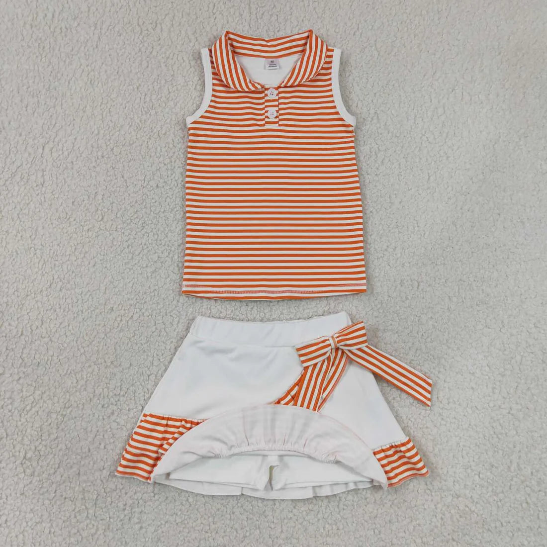 3 Colors Stripes Button Polo Top Ruffle Skort Girls Summer Active Clothes Set Sisters Yoga Sports Wear
