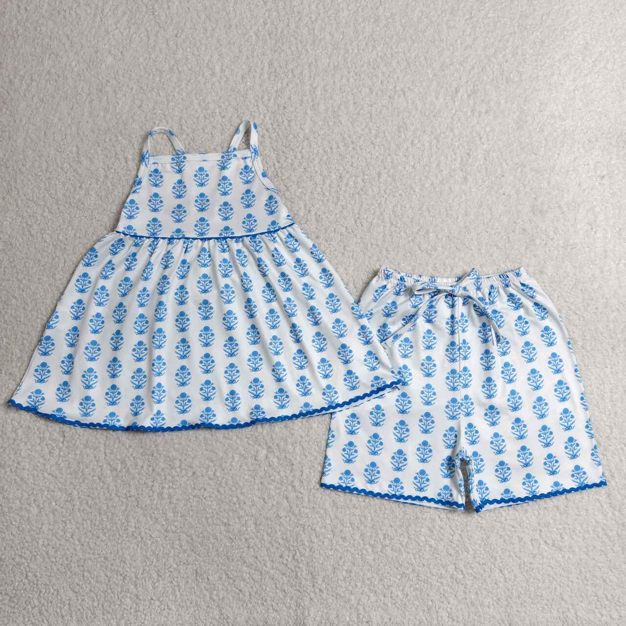 GSSO3416 Blue Floral Strap Tunic Top Shorts Girls Summer Clothes Set