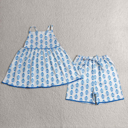 GSSO3416 Blue Floral Strap Tunic Top Shorts Girls Summer Clothes Set