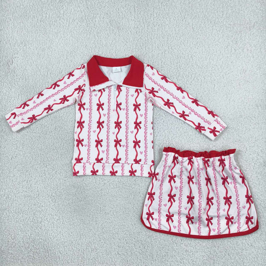 GLD1751  Red Bow Heart Long Sleeve Zip Pullover Top with Skort Girls Valentine's Day Outfit