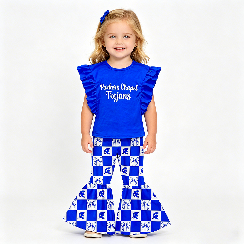 (Custom Design Preorder MOQ 5) Teams Parkers Chapel Trojans Blue Top Plaid Bows Bell Pants Girls Clothes Set