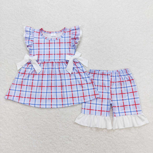GSSO0707 Plaid Tunic Top Ruffle Shorts Baby Girls 4th of July Clothes Sets
