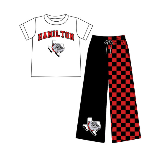 (Custom Design Preorder MOQ 5) Teams Plainview Bulldogs White Top Checkered Straight Pants Girls Clothes Set