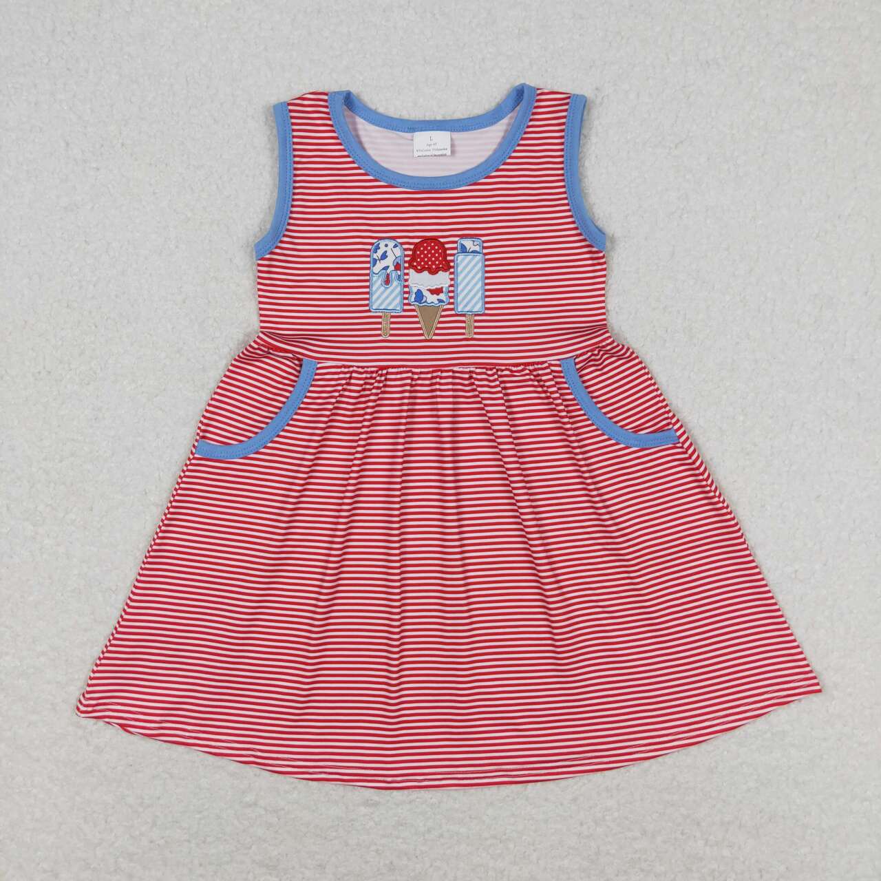 GSD0821 Popsicle Embroidery Stripes Pockets Baby Girls 4th of July Sleeveless Dress