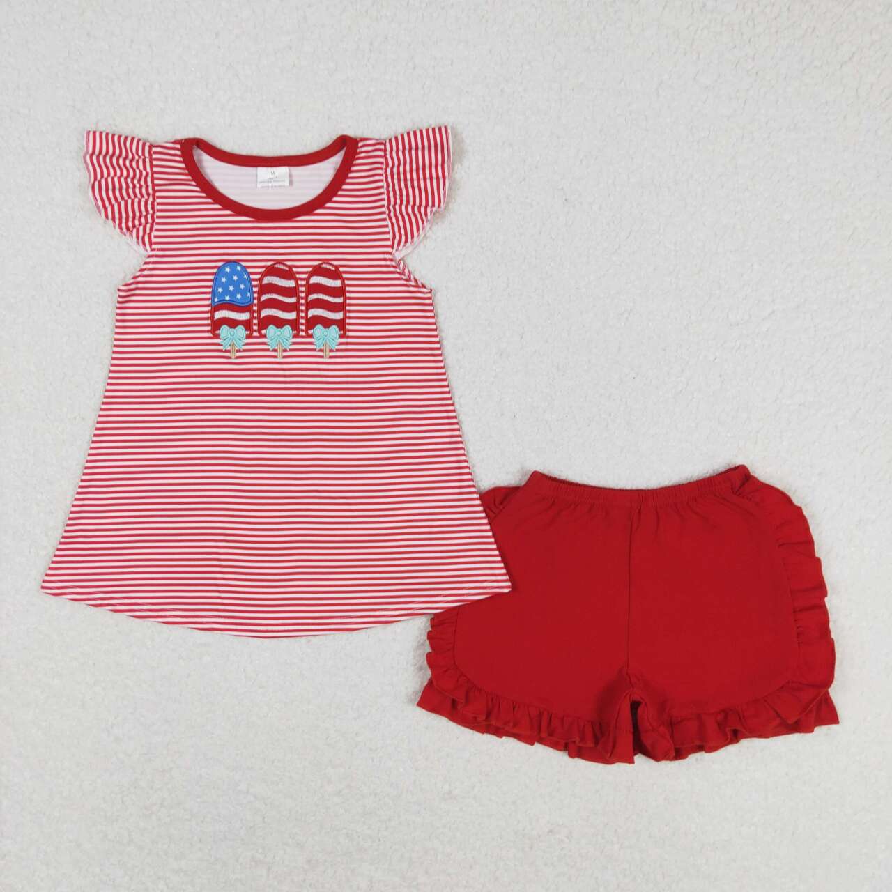 GSSO0759 Popsicle Embroidery Stripes Top Red Ruffle Shorts Baby Girls 4th Of July Outfits
