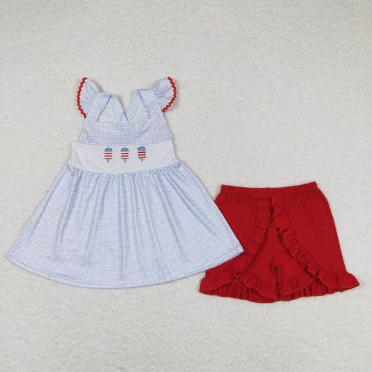 GSSO0798 Popsicle Embroidery Plaid Tunic Top Red Ruffle Shorts Baby Girls 4th Of July Outfits