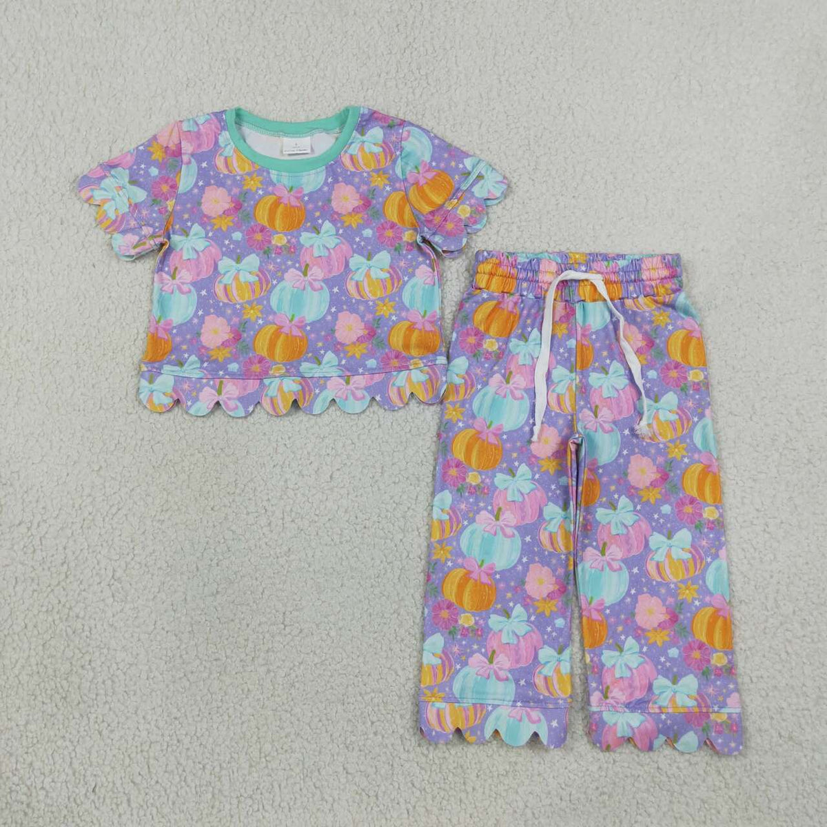 GSPO2364 Pumpkin Flowers Bows Print Girls Fall Scallop Edge Clothes Set