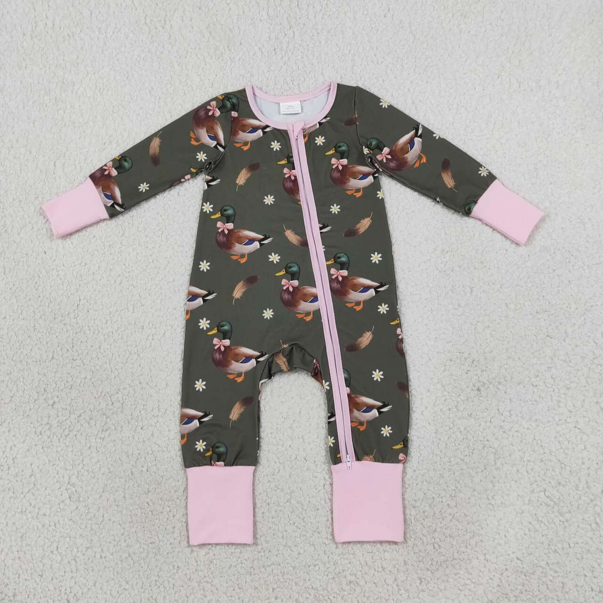 LR3225 Duck Flowers Baby Girls Long Sleeve Zipper Sleeper Romper