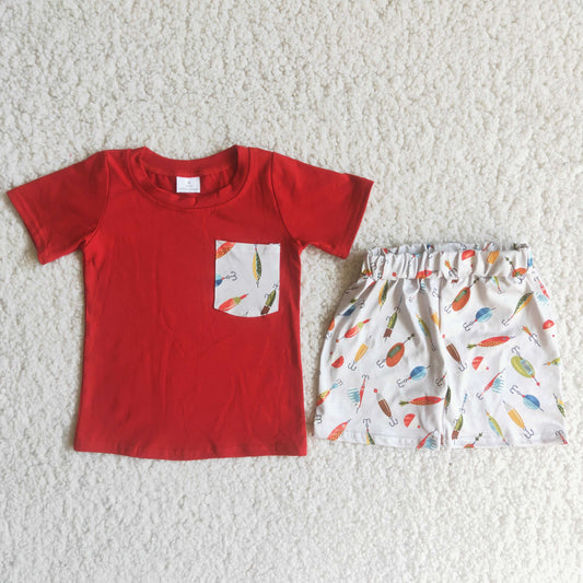 (Promotion)A13-12 Red Pocket Top Fishhook Shorts Boys Summer Outfits