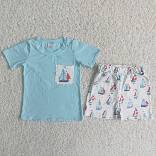 (Promotion)Blue Pocket Top Sailboat Shorts Boys Summer Outfits   A7-11