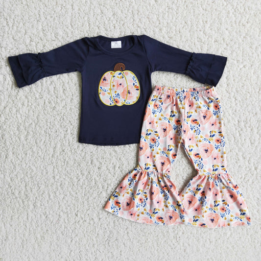 Long sleeve bell bottom pants pumpkin embroideried outfits  6 A9-15