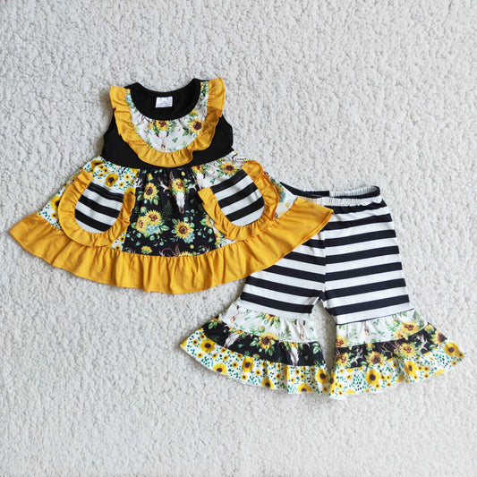 Sunflowers Sleeveless Pockets Tunic Top Girls Capris Outfits     A6-15