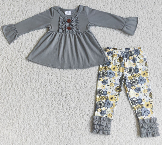 6 A11-28 Grey Ruffle Tunic Top Flowers Pants Girls Clothes Set