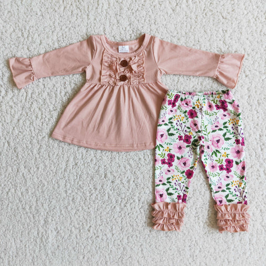 (Promotion)6 A4-13 Pink Ruffle Tunic Top Flowers Pants Girls Clothes Set