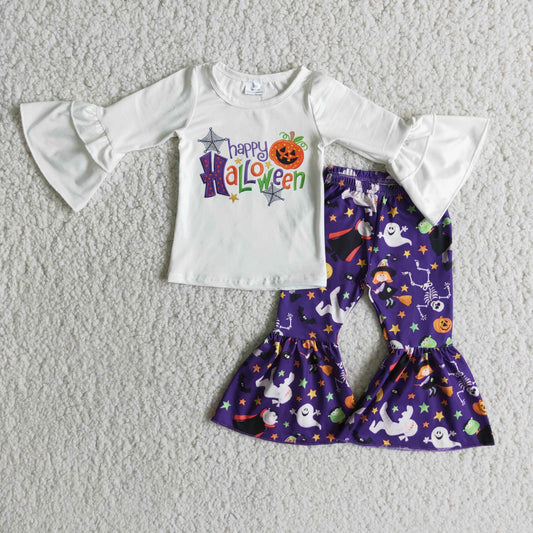 (Promotion)6 B9-22 Happy Halloween White Top Purple Bell Pants Girls Halloween Clothes Set