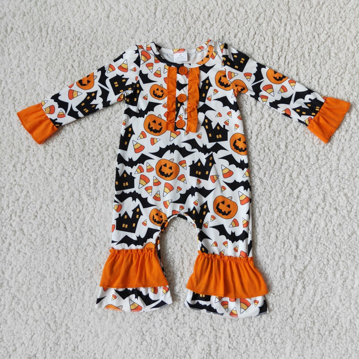 (Promotion) 6 A16-21 Candy Pumpkin Bat Print Baby Girls Halloween Ruffle Romper