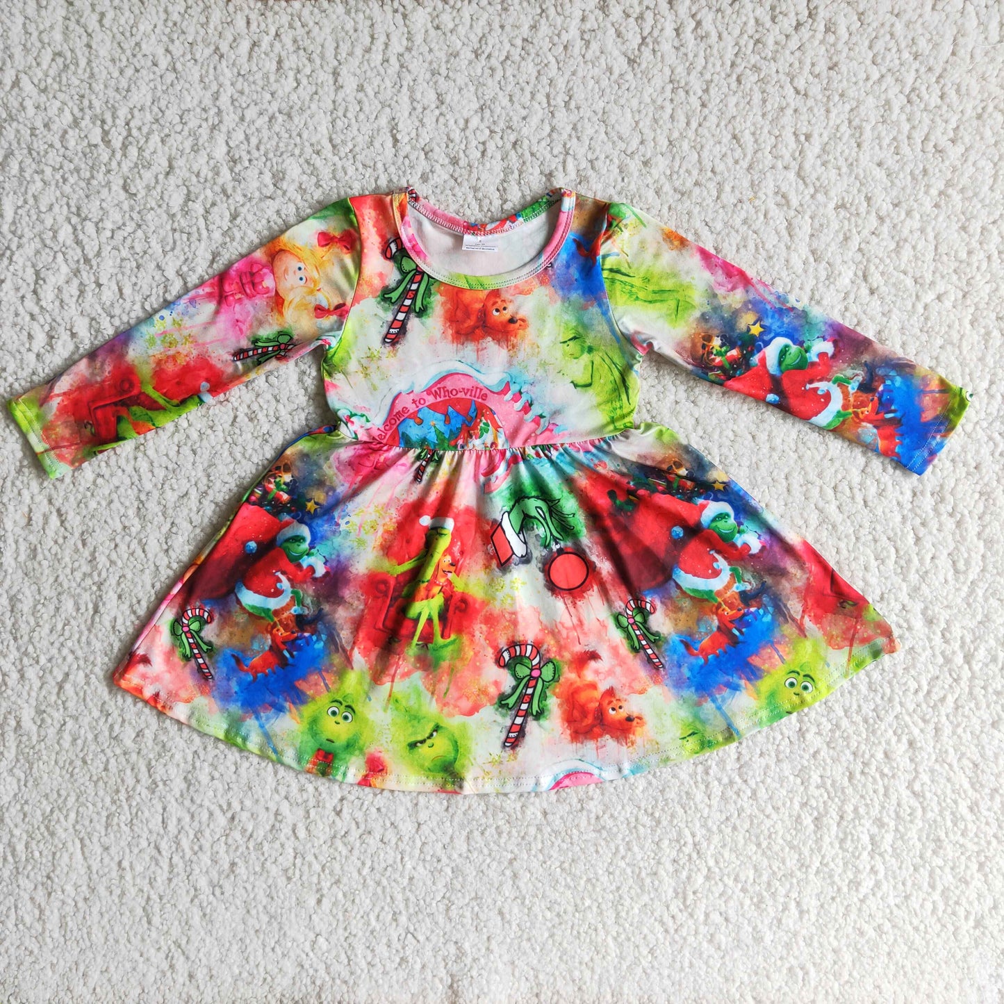 (Promotion)6 A15-3 Green Frog Tie-dye Print Girls Christmas Knee Length Dress