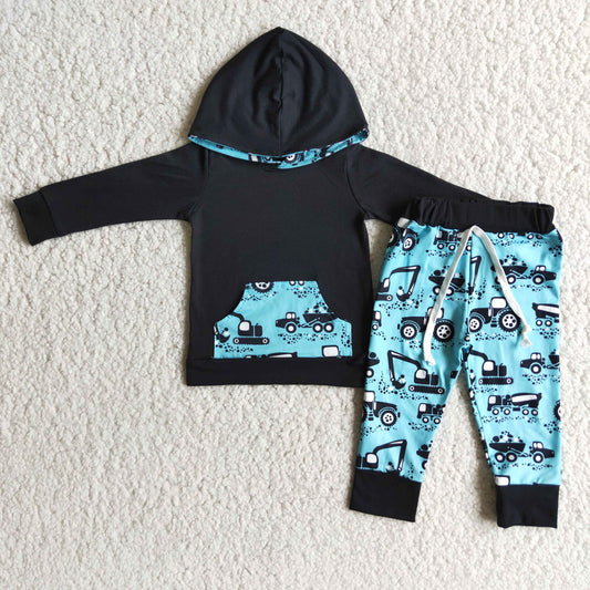6 C6-10 Black Pocket Hoodie Top Construction Pants Boys Clothes Set