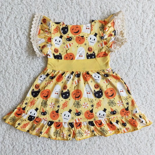 (Promotion)B10-9 Pumpkin Girls Flutter Sleeve Halloween Knee Length Dress