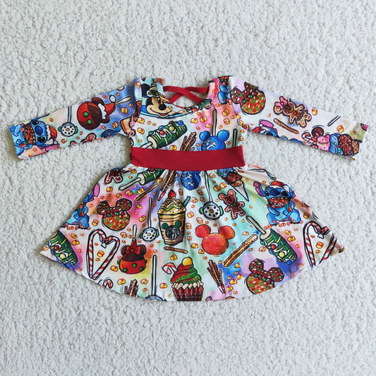 6 C9-17 Cartoon Mouse Cake Candy Print Girls Christmas Knee Length Dress