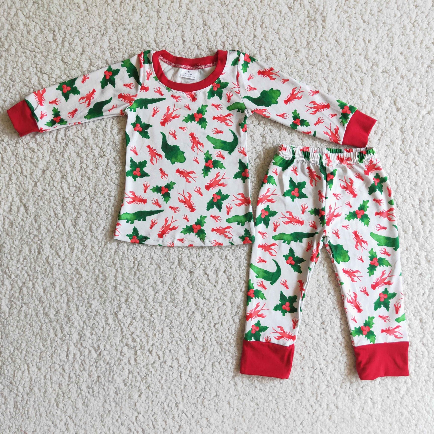 (Promotion)6 C9-19 Crawfish Holly Print Boys Christmas Pajamas Clothes Sets