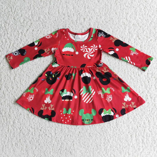 (Promotion)6 A11-4 Red Cartoon Mouse Girls Christmas Knee Length Dress