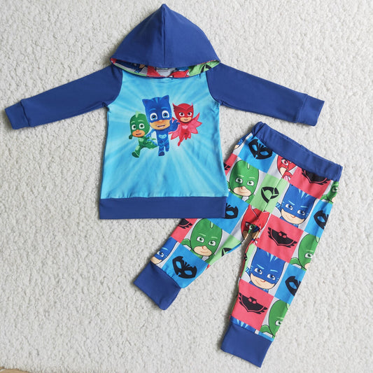 (Promotion) 6 A9-19 Cartoon Masks Hoodie Top Checkered Pants Boys Clothes Set