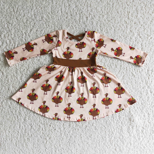 (Promotion)6 C10-19 Turkey Print Girls Thanksgiving Knee Length Dress