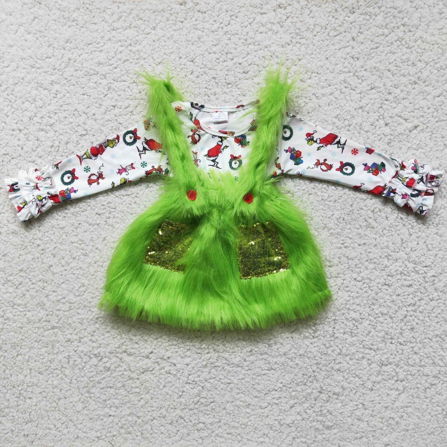 6 C11-39 Green Frog Top Fur Suspender Skirts Girls Christmas Clothes Set
