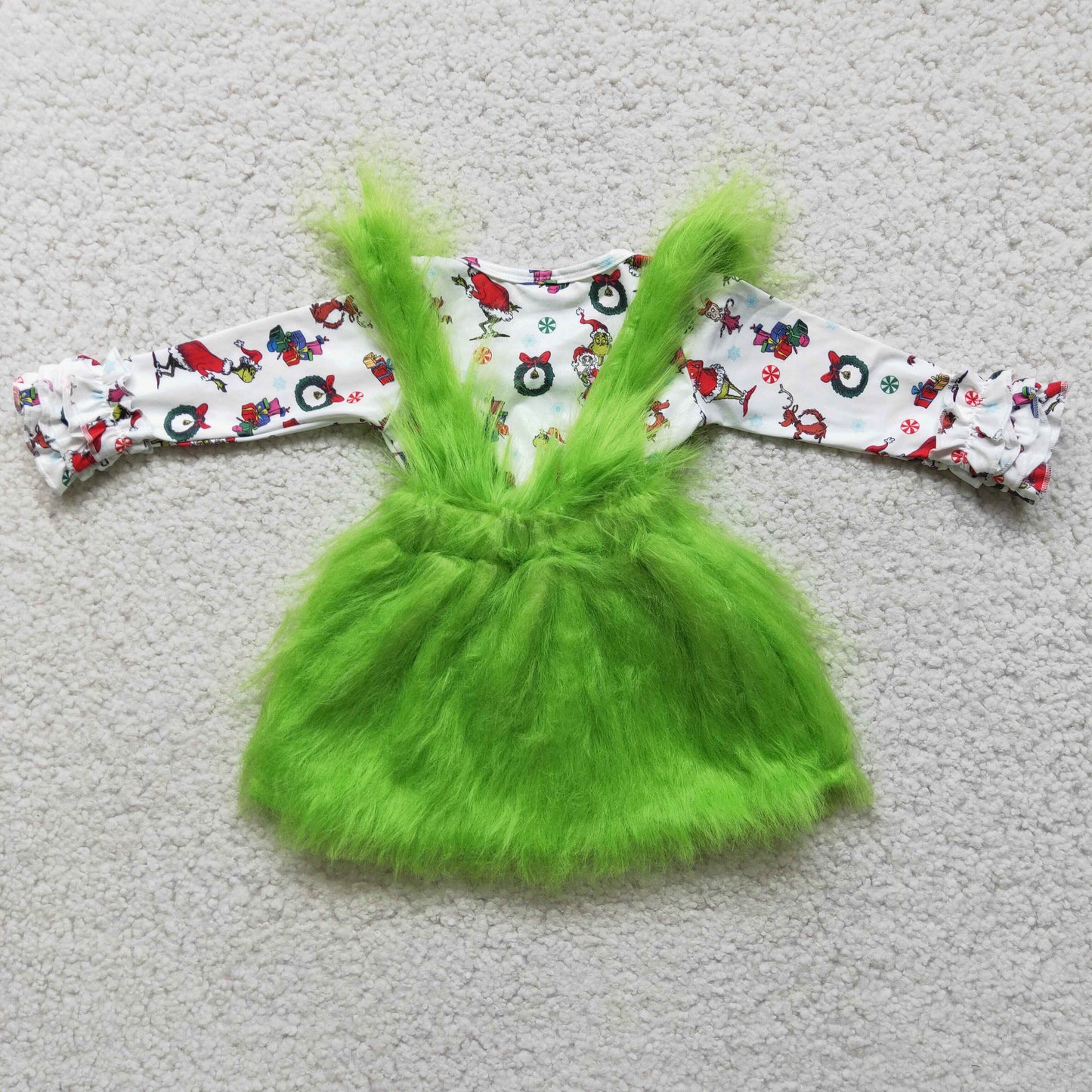 6 C11-39 Green Frog Top Fur Suspender Skirts Girls Christmas Clothes Set