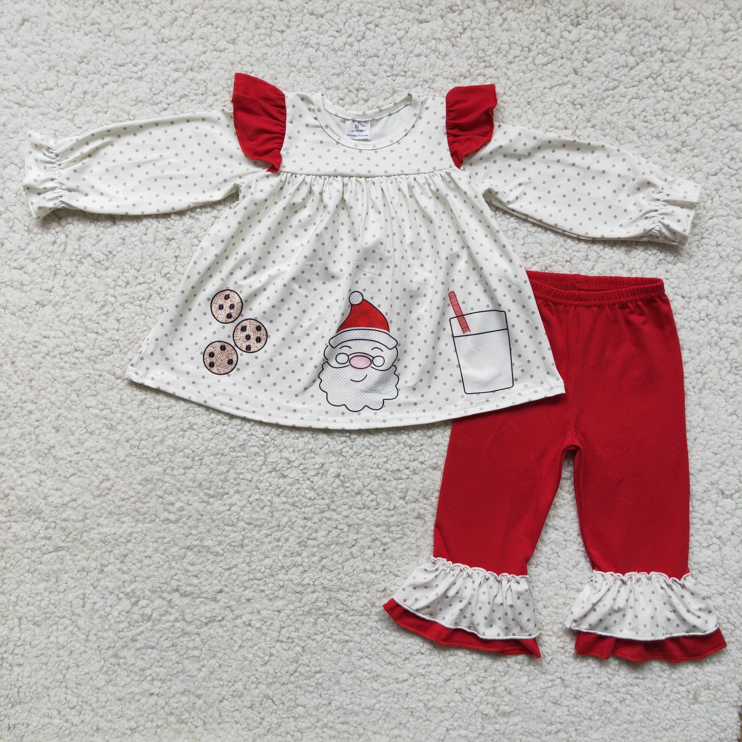 (Promotion) 6 C11-25 Cookies Santa Milk Dots Tunic Top Ruffle Pants Girls Christmas Clothes Set
