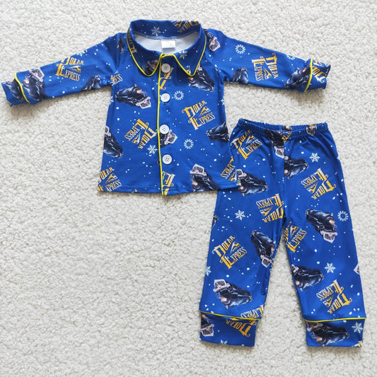6 A11-19 Film Characters Train Blue Print Boys Buttons Christmas Pajamas Clothes Set