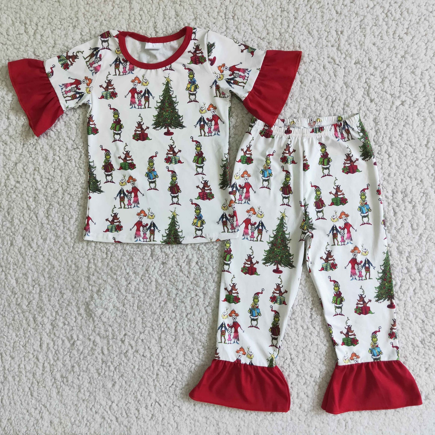 (Promotion)D2-4  Green Frog Print Girls Christmas Pajamas Clothes Set