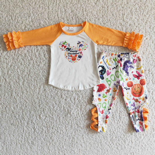 (Promotion)6 B1-19 Cartoon Mouse Happy Halloween Boo Print Girls Halloween Clothes Set