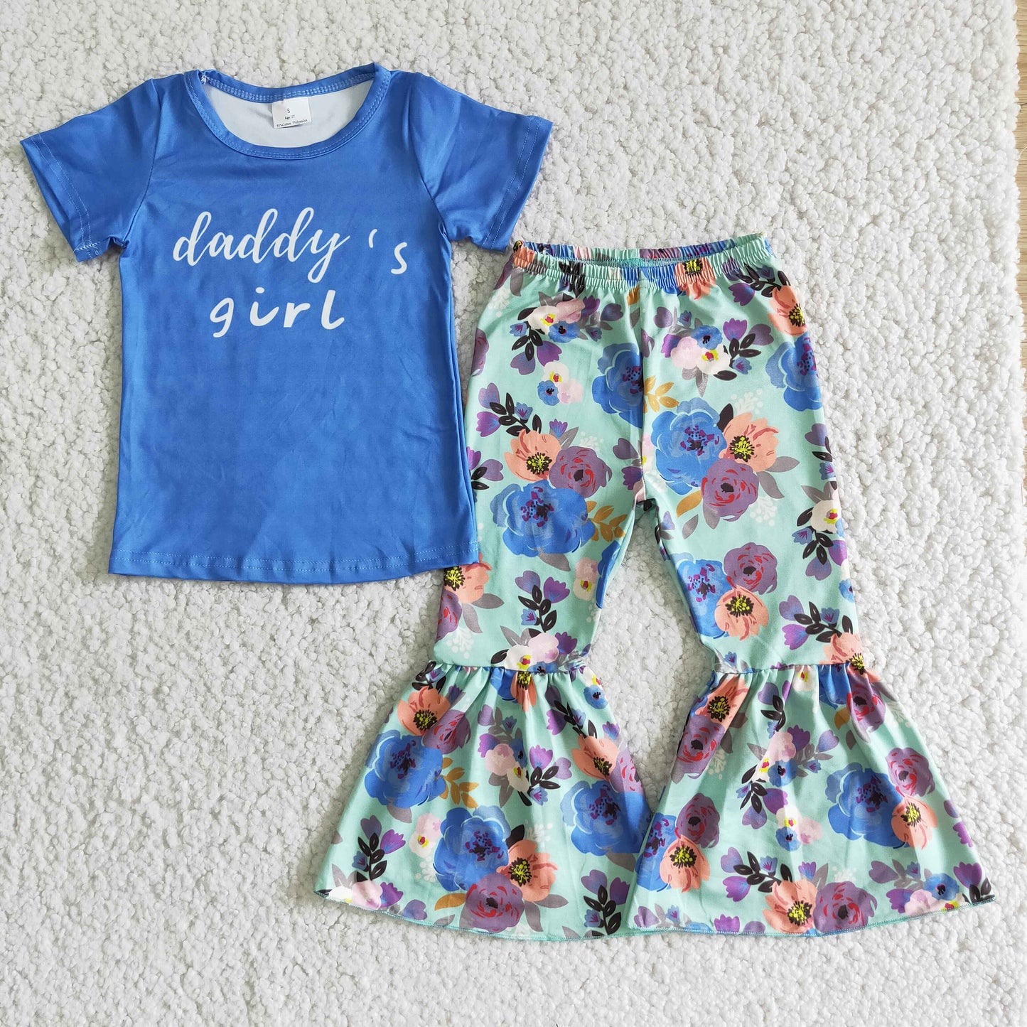 (Promotion)E2-4 Daddy's Girl Blue Top Flowers Bell Pants Girls Clothes Set