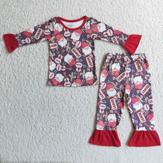 6 A6-14 Santa Howdy Guitar Print Girls Christmas Pajamas Clothes Set