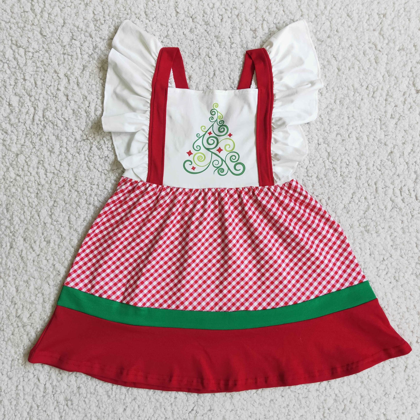 (Promotion) E3-19 Tree Checkered Print Girls Christmas Flutter Sleeve Knee Length Dress