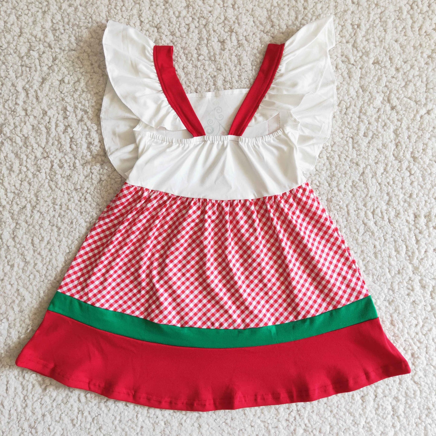 (Promotion) E3-19 Tree Checkered Print Girls Christmas Flutter Sleeve Knee Length Dress